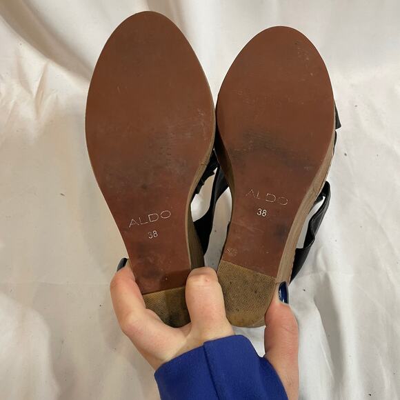 Aldo Black Vegan Leather Slide On Wood Wedge 4.5" 38 | 8 Y2K 2000s - Picture 4 of 4